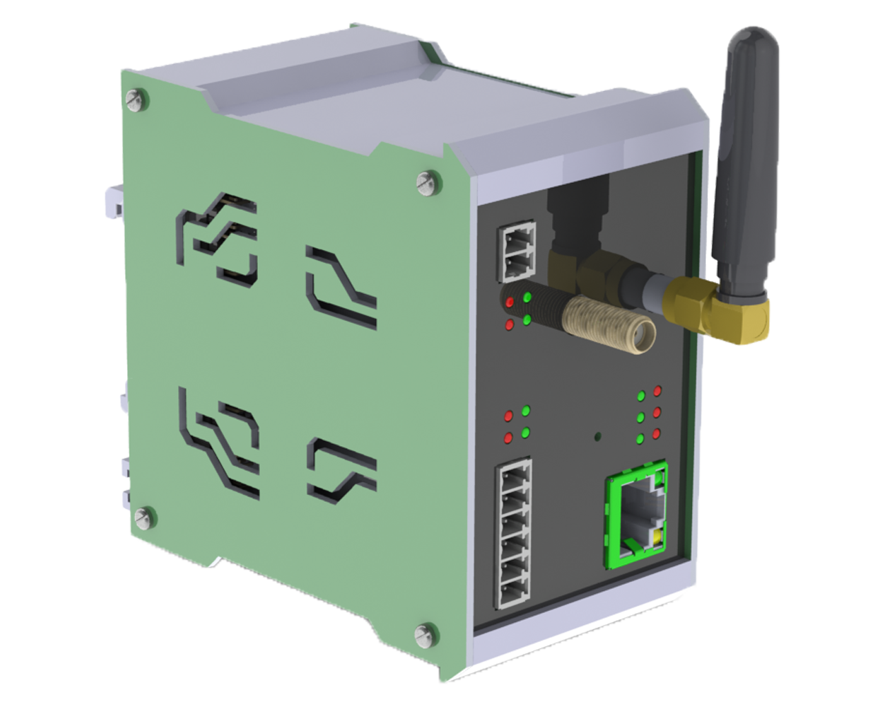 Módulo RTM-100 em vista isométrica, com antena externa e conexões